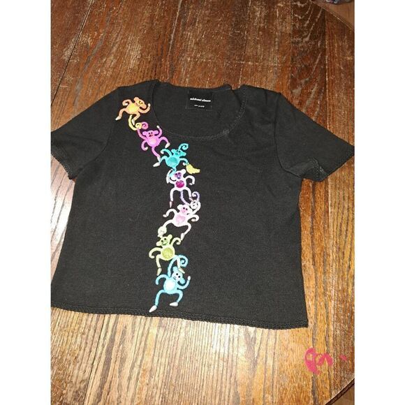 Vintage Med Michael Simon Black Short Sleeve Embellish Monkey Knit Sweater Shirt - Picture 1 of 5
